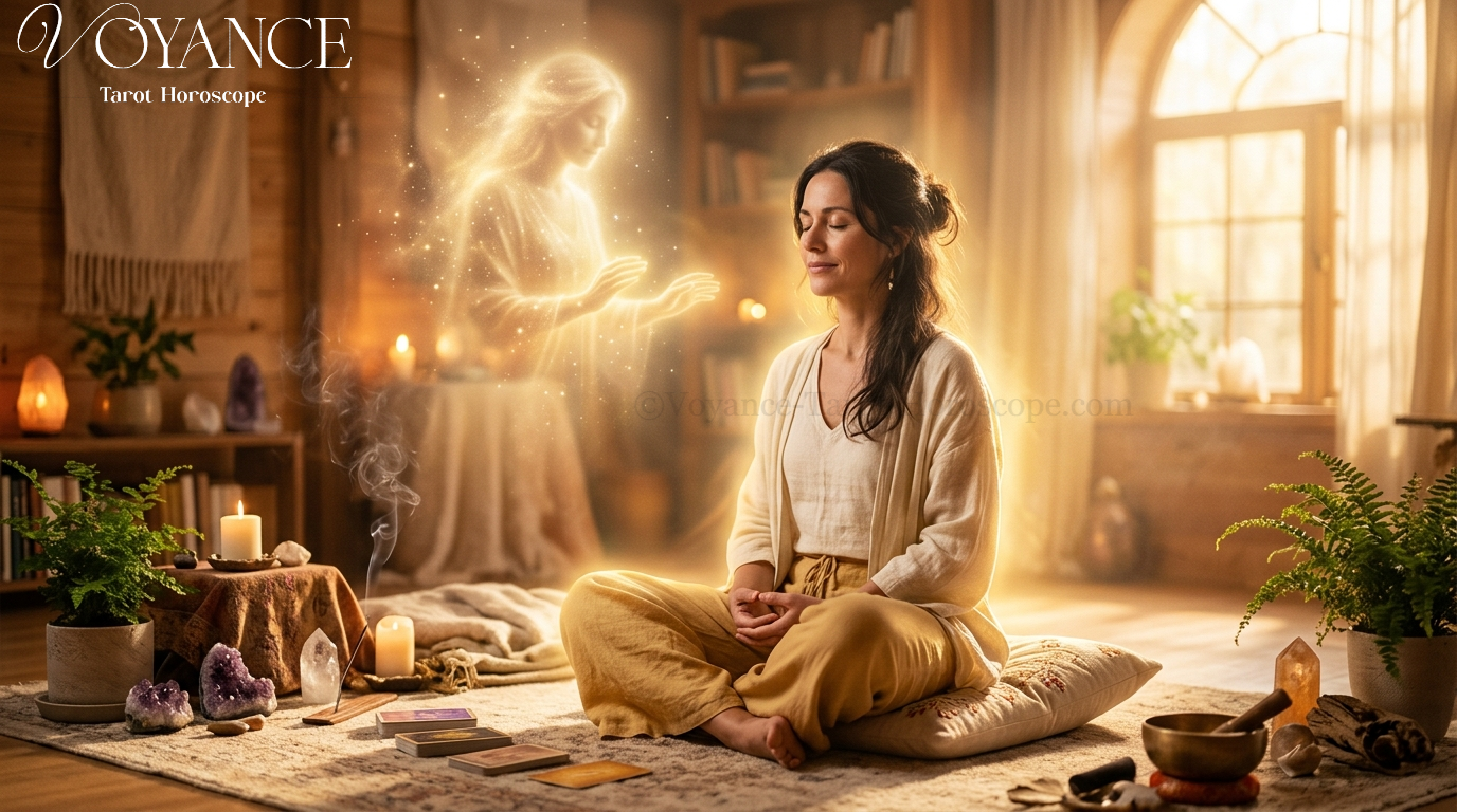 Lumière dorée diffuse dans un espace de méditation calme