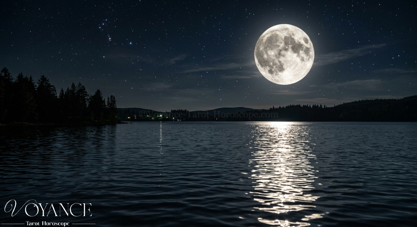 Ciel nocturne avec pleine lune reflétée sur l'eau