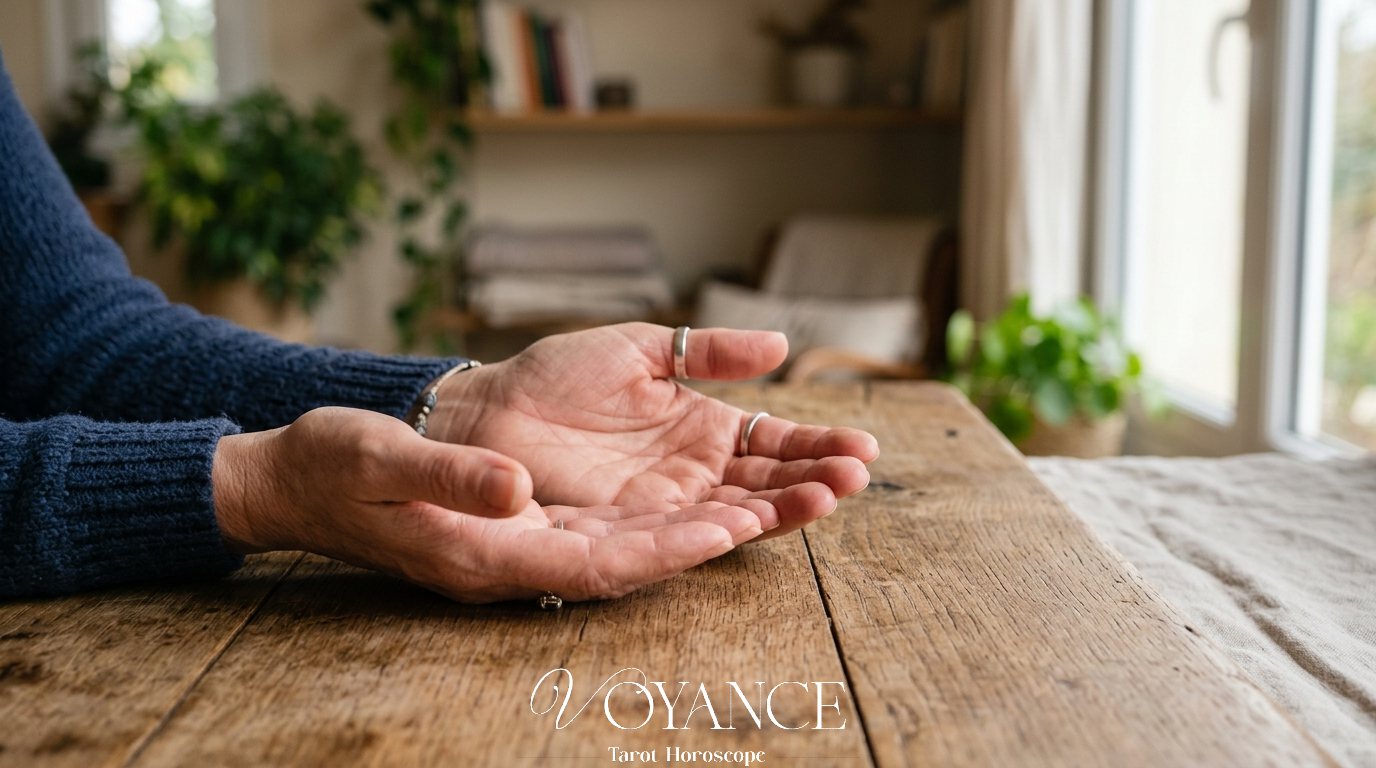 Mains ouvertes paume vers le haut, table dégagée, lumière douce