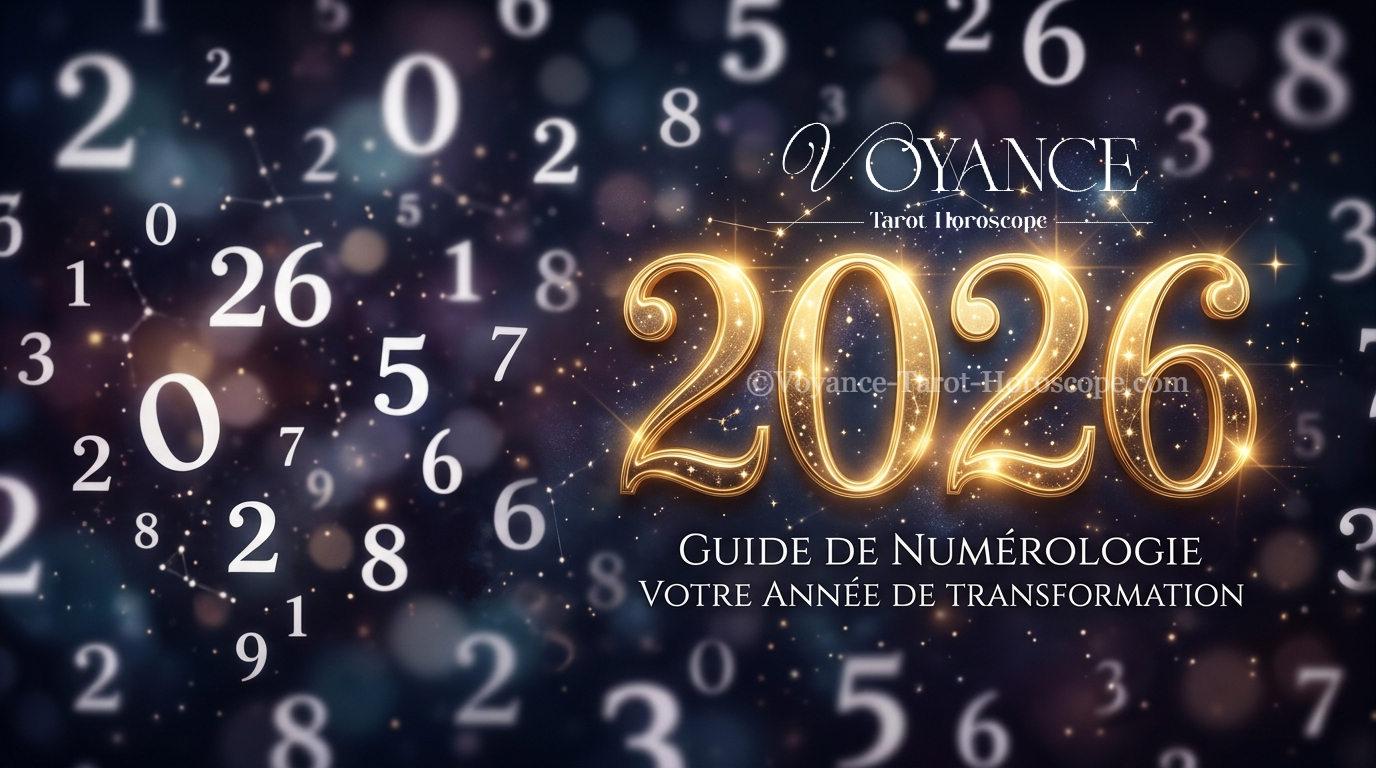 Chiffres 2026 en or sur fond sombre avec symboles numérологiques